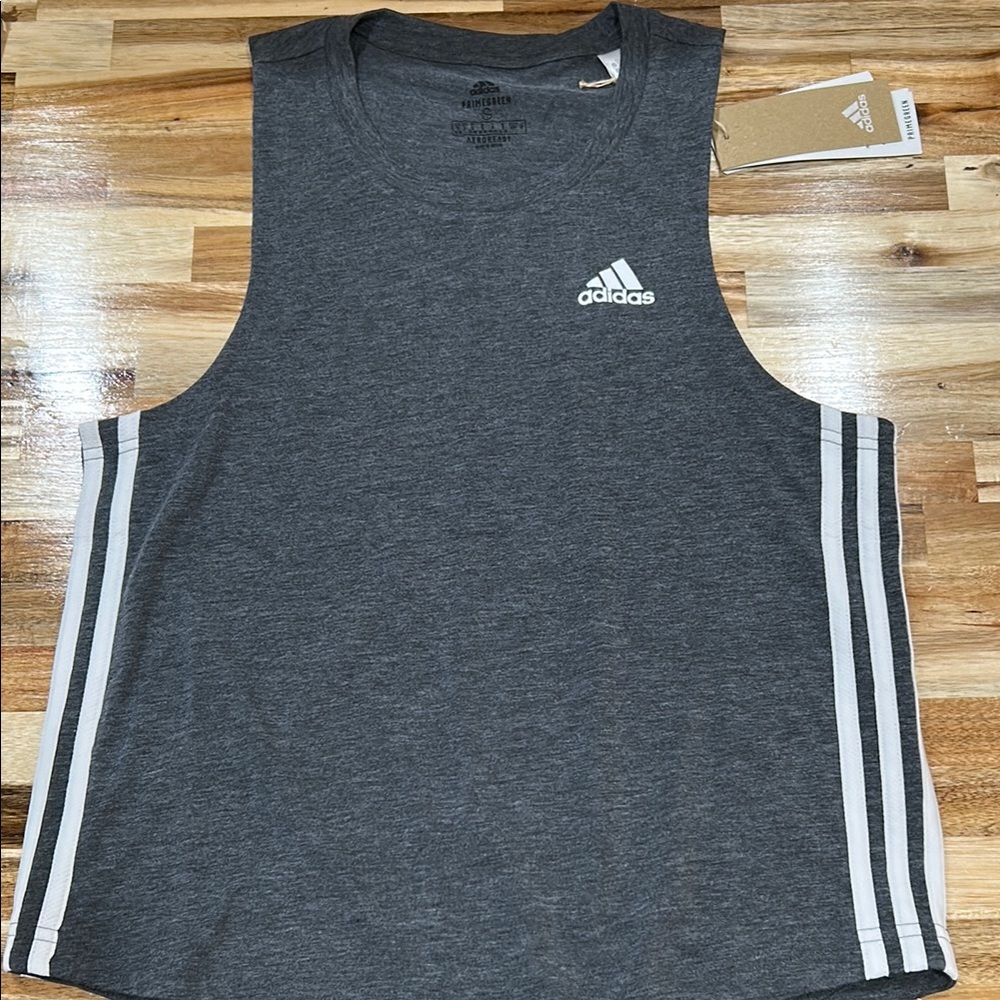 Never worn new with tags Adidas Gray Tank Top with White Stripes